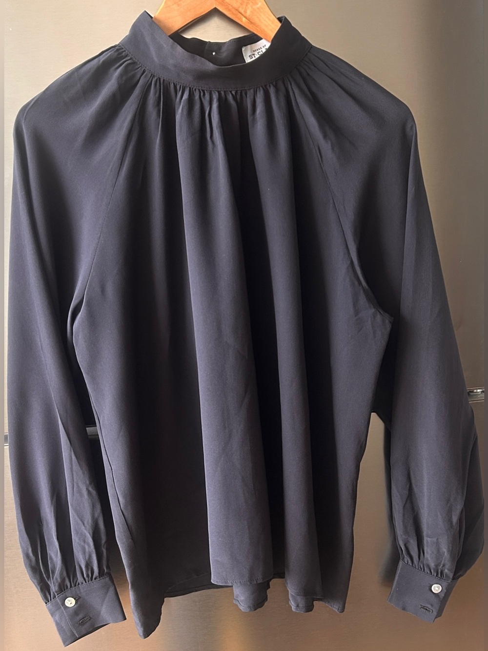 House of St. Clair 100% Silk Black High Neck Blouse Minimalist Top M